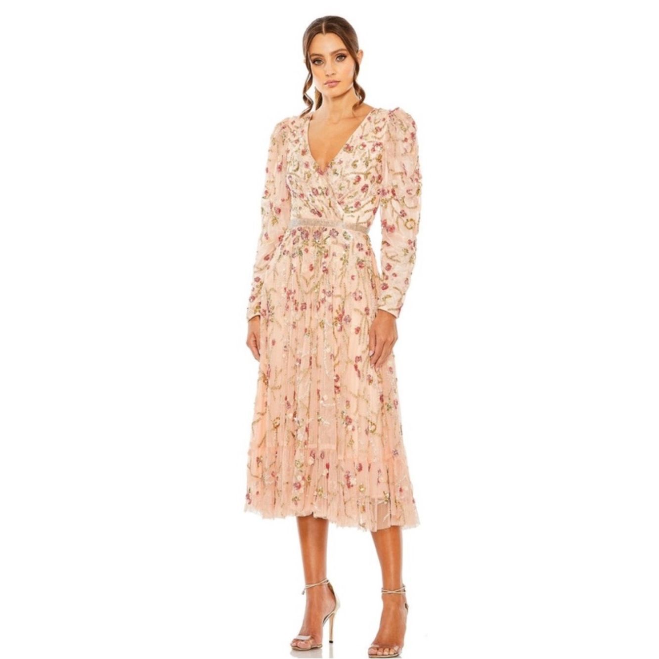 New Mac Duggal 5580 Floral Beadwork Long Sleeve Midi Dress Size 24